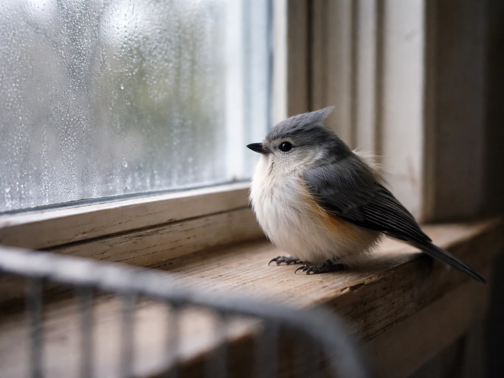 Small songbird perched near a drafty open window with ruffled feathers in cool natural light.
