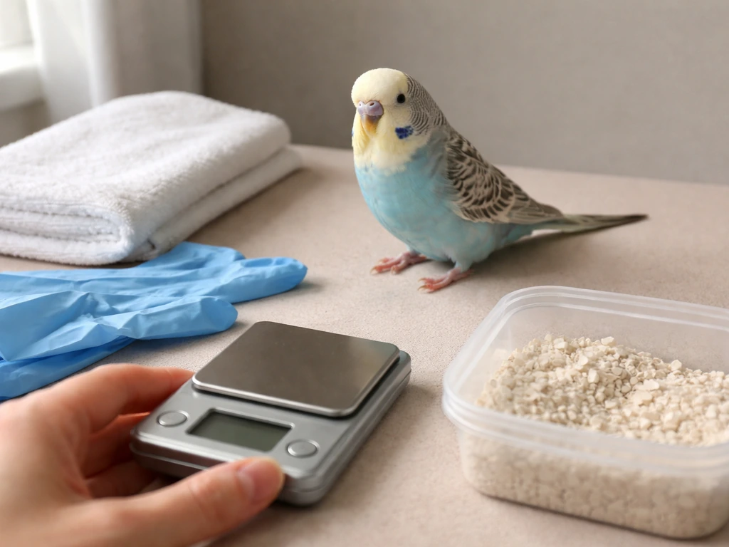 Small pet bird with veterinarian-style inspection cues and a scale, suggesting possible internal parasites.