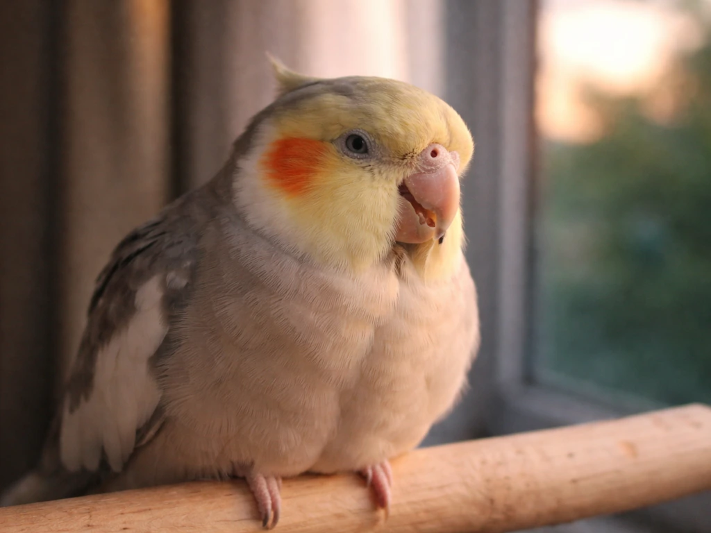Close-up of a small pet bird quietly grinding its beak while relaxing on a perch at dusk