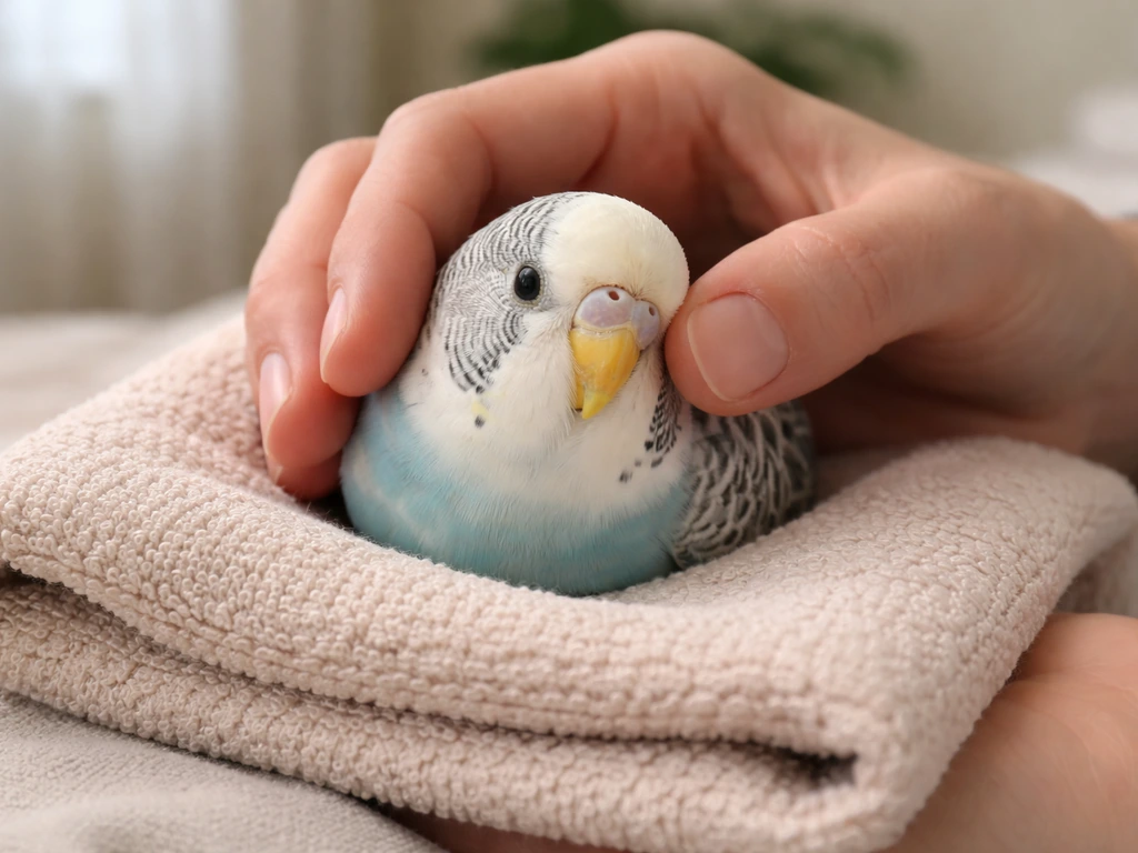 Caregiver gently holds a small pet bird on a towel while inspecting its beak in bright natural light.