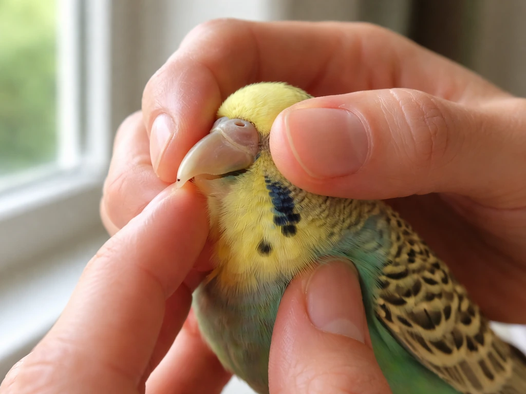 Caregiver’s hands holding a small bird while inspecting its beak under bright natural light.