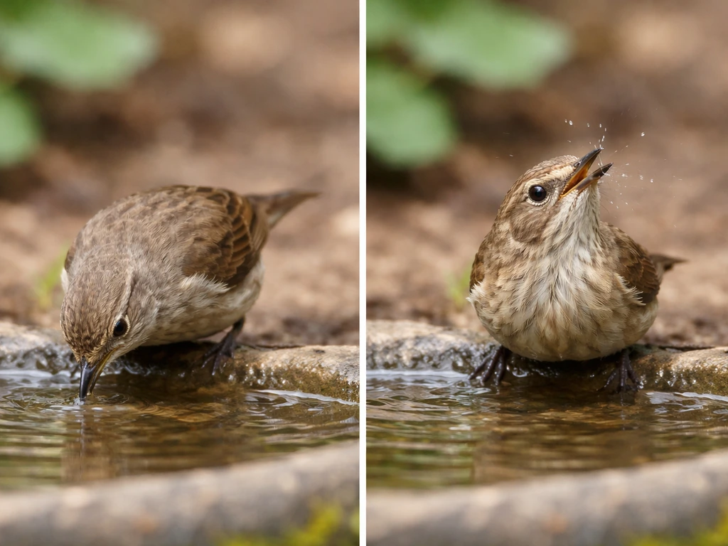 Side-by-side: a bird’s normal drinking swallow vs a more obvious repeated sneezing posture near water.