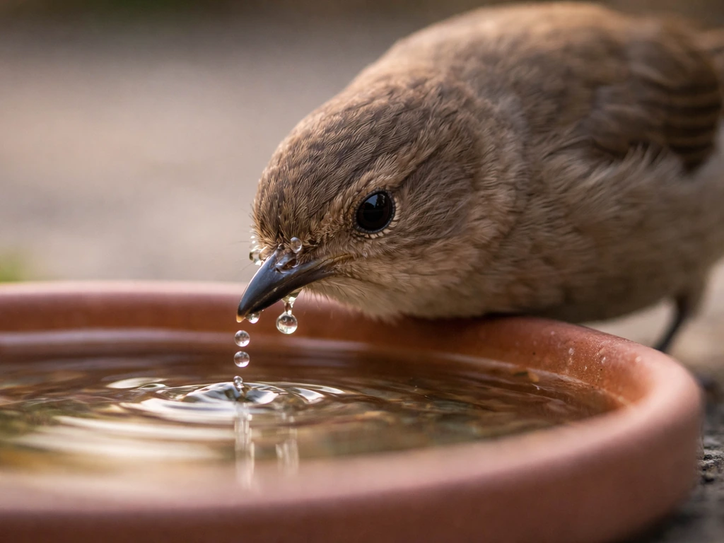 Close-up of a small bird’s beak dipping into a water bowl with droplets near the nares.
