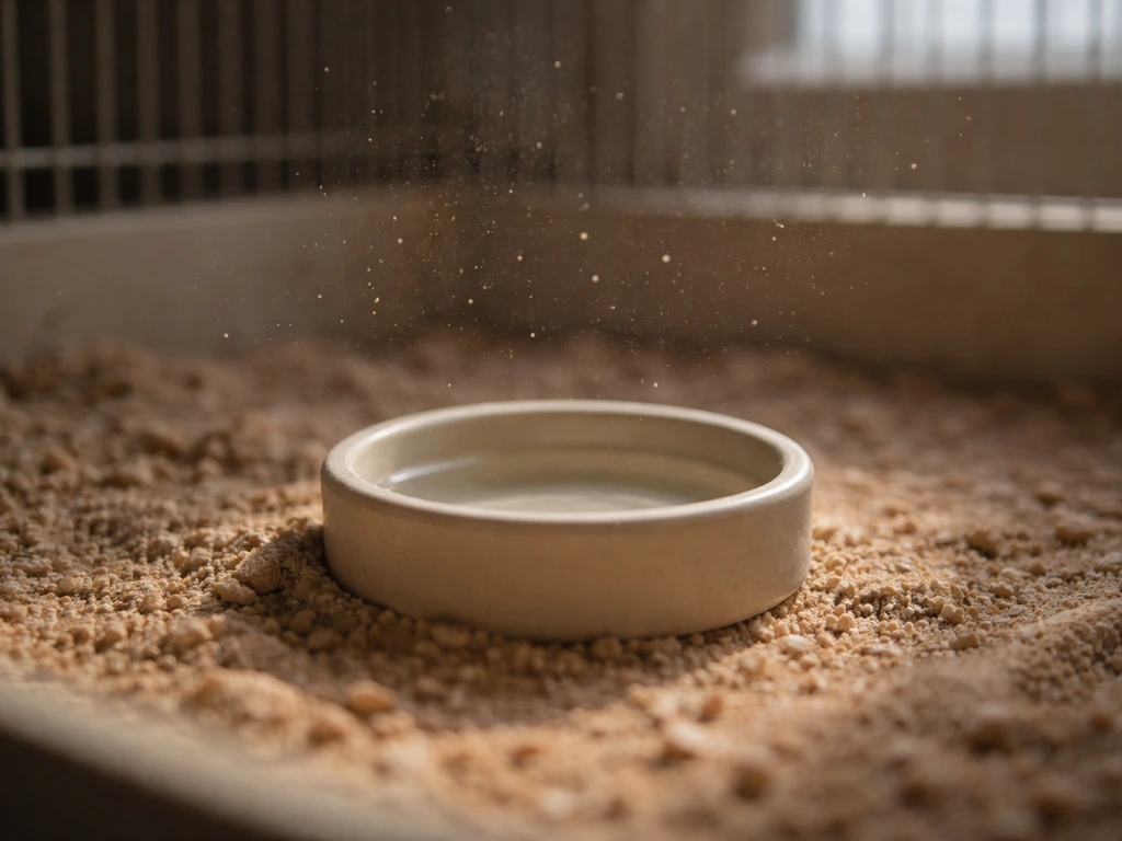 Dust particles suspended in air around a bird water dish on a dusty substrate.