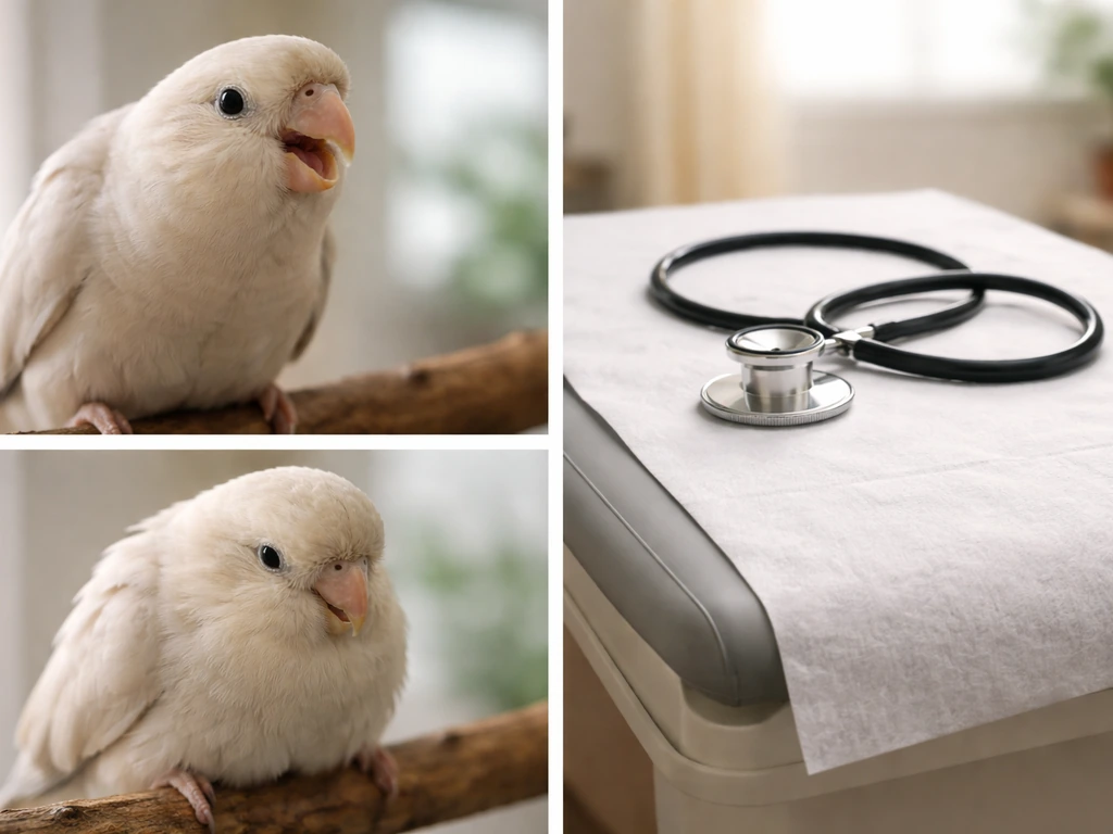 Anonymous pet bird showing open-mouth breathing and lethargy, with a blurred clinic stethoscope nearby.