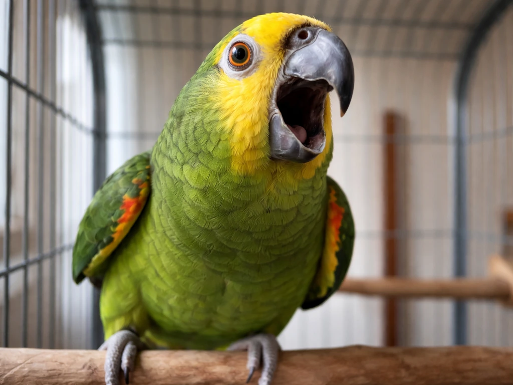 A pet parrot in its cage caught mid-squawk, mouth open and alert eye, looking unusually loud.