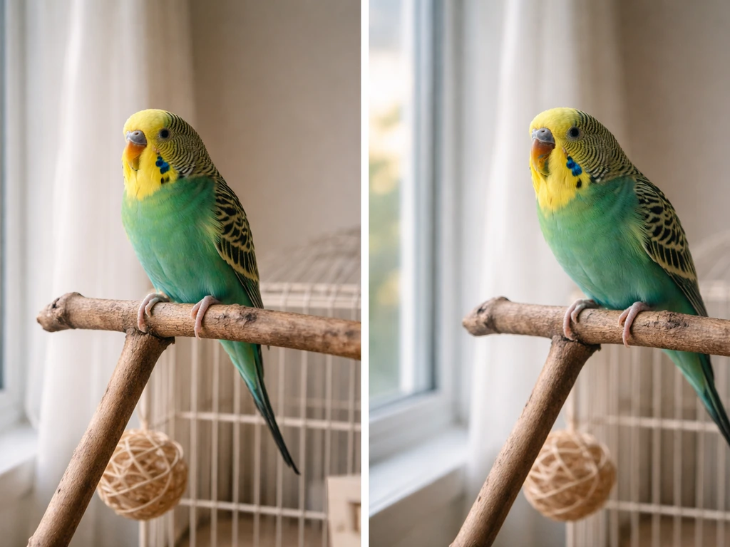 Side-by-side photos of a pet parakeet at dawn calmly calling versus tense persistent loud squawking posture.