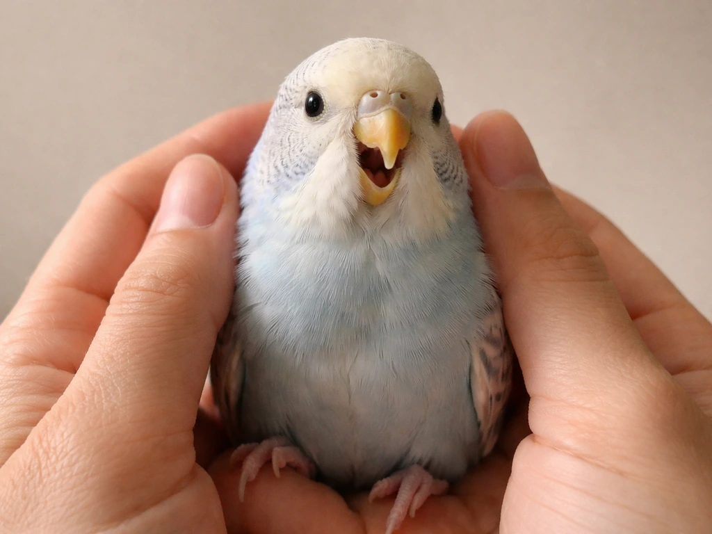 A caregiver gently examines a small bird showing upright, fluffed feathers and open-mouth breathing posture.