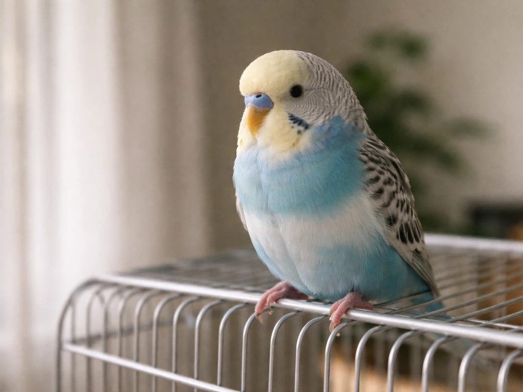 Calm pet bird perched quietly on a cage stand, alert posture suggesting reduced vocalization.