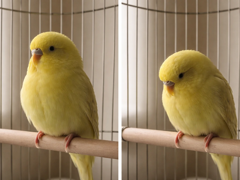 Two quiet moments of a small caged bird: relaxed baseline on one side, withdrawn sudden quiet on the other.