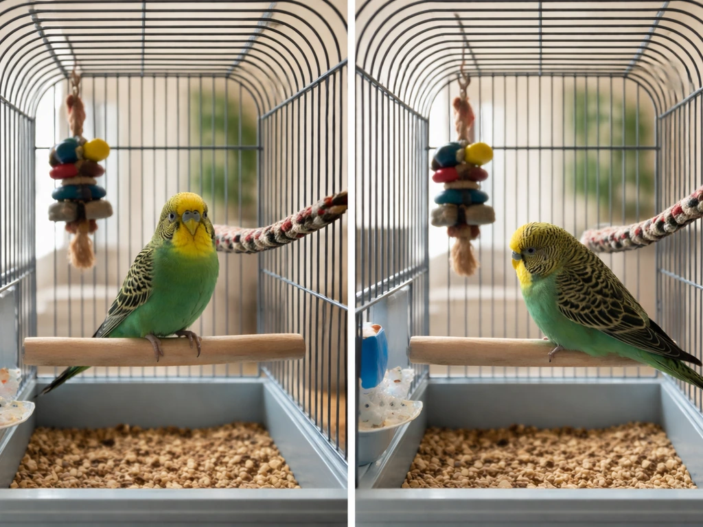 Two moments of a caged bird: before with toys moved and an attentive posture, after with the bird withdrawn.