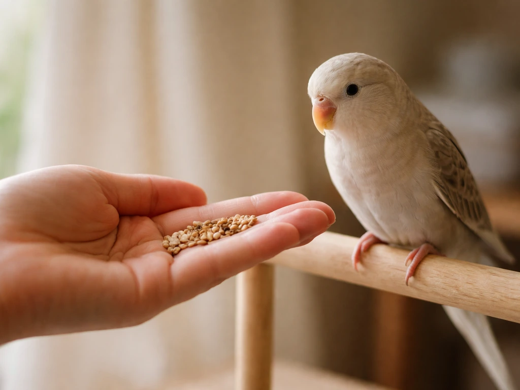 Caregiver’s hand offers bird seed while the bird watches, check-in moment at home.
