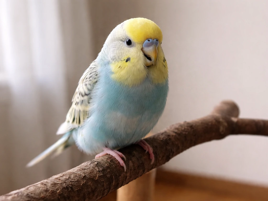 Small pet bird perched with beak slightly open, tail gently bobbing as if breathing with effort.