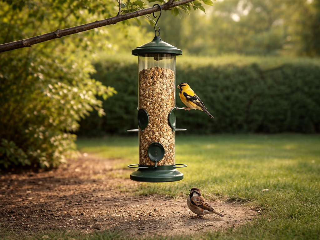 A backyard bird feeder with a few birds nearby, with signs nearby suggesting recent feeding activity paused.