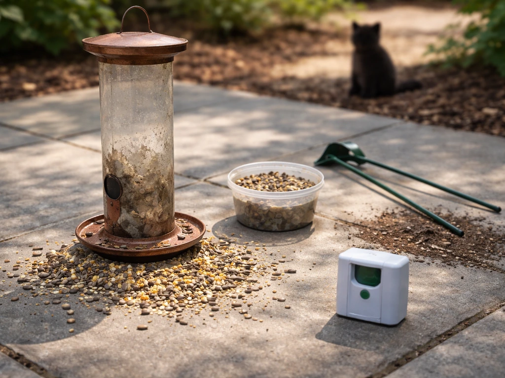 Outdoor patio scene with an empty bird feeder and separate items suggesting dirty, wet seed, moved placement, and cat ri