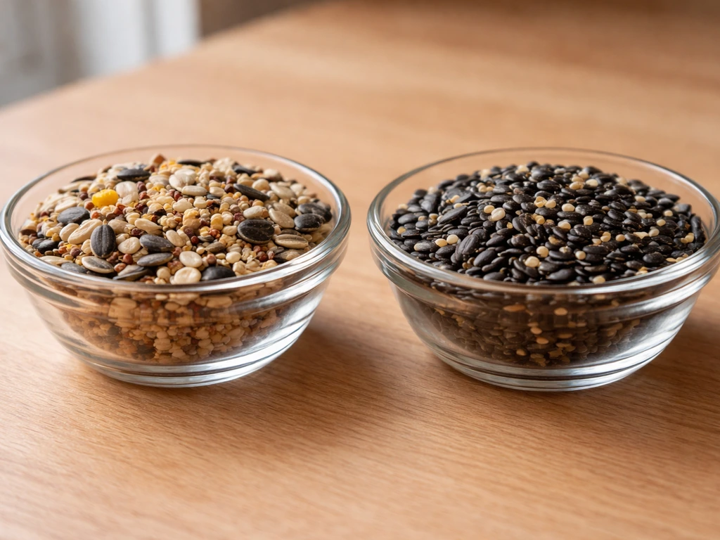 Close-up side-by-side bowls of mixed bird seed with filler vs a clean premium seed mix