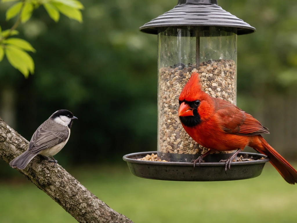 A larger bird stands over a feeder while a smaller bird stays away, showing territorial dominance.