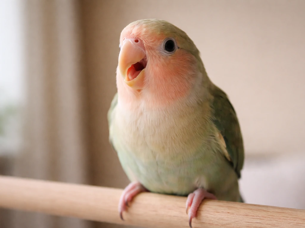 Close-up of a small pet bird with beak slightly open, calm indoor setting suggesting mouth-open breathing.