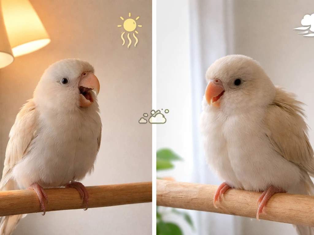 Split-scene showing a small pet bird near warmth with panting posture versus another bird with sustained breathing effor