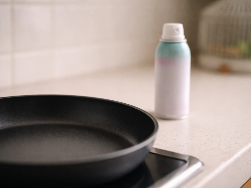 Non-stick pan and scented aerosol container on a kitchen counter, posed to suggest avoiding airborne fumes.