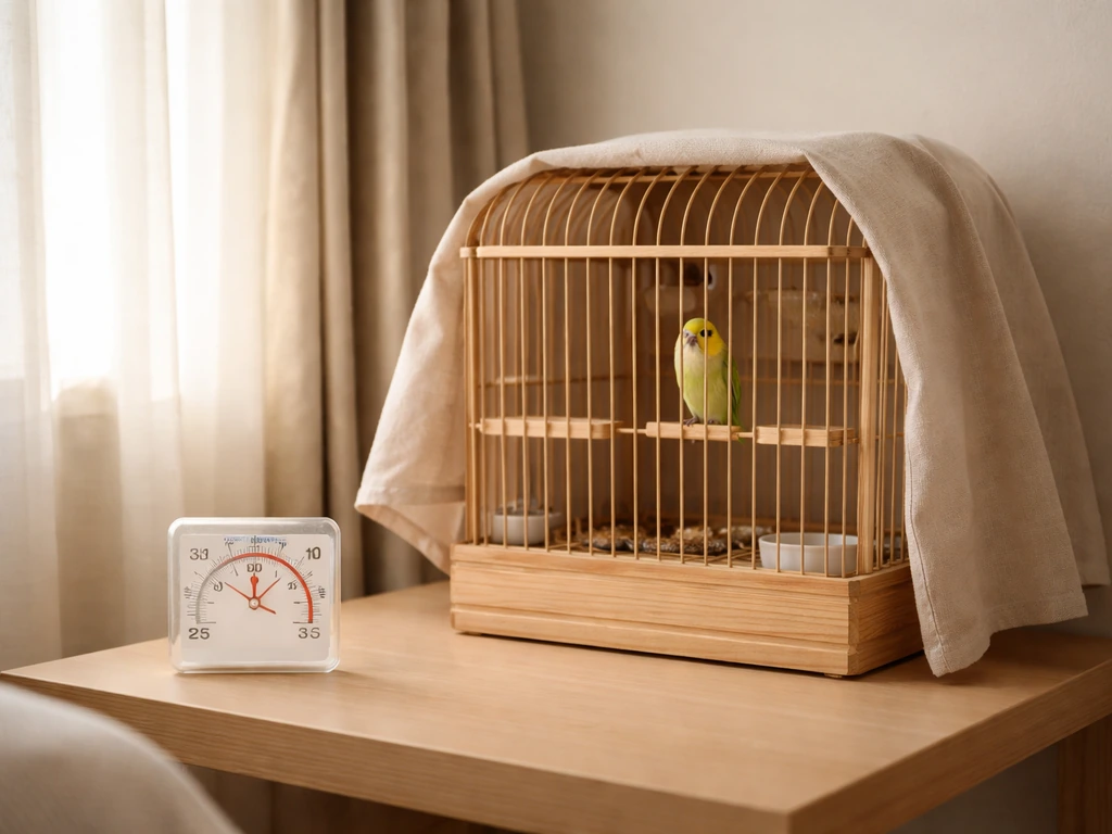 Small pet bird in a covered cage in a quiet warm room, with a visible thermometer nearby.