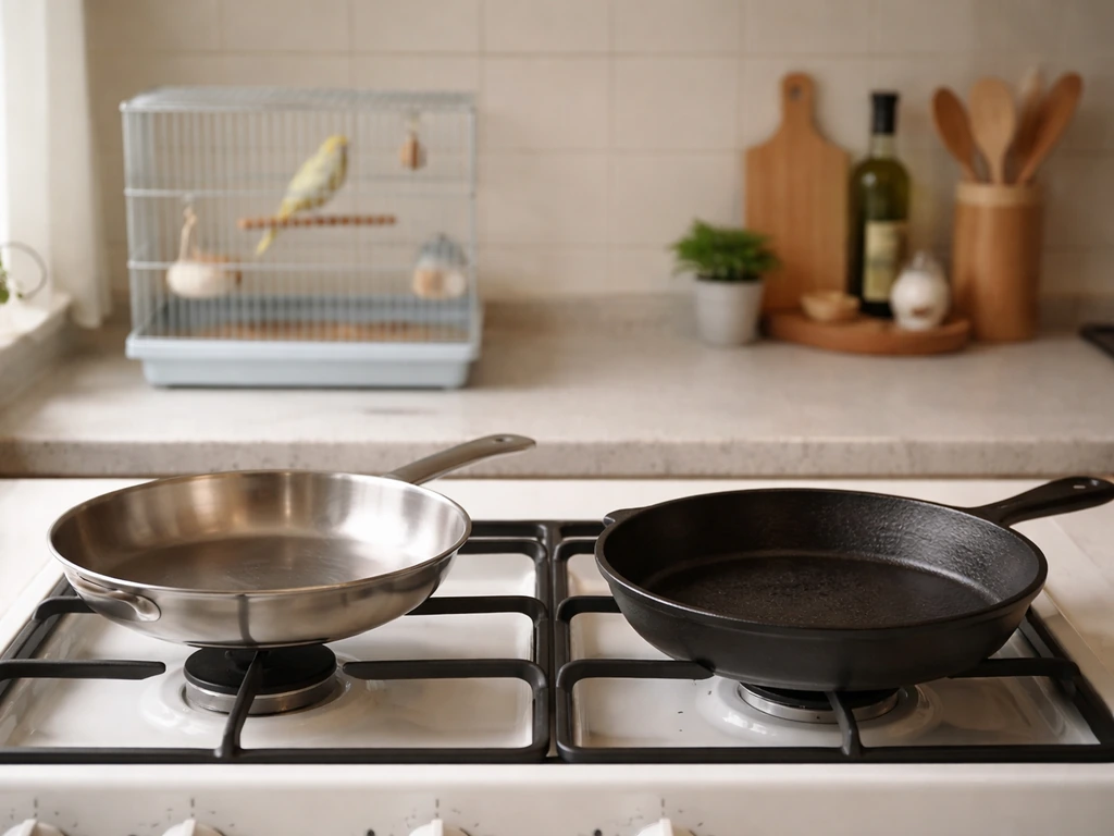 Pet bird safely caged in a clean kitchen next to stainless-steel and cast-iron cookware, stove off.