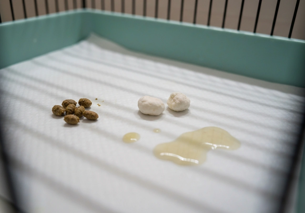 Close-up of bird cage liner showing separate brown feces and white urate clumps with faint wet urine spots