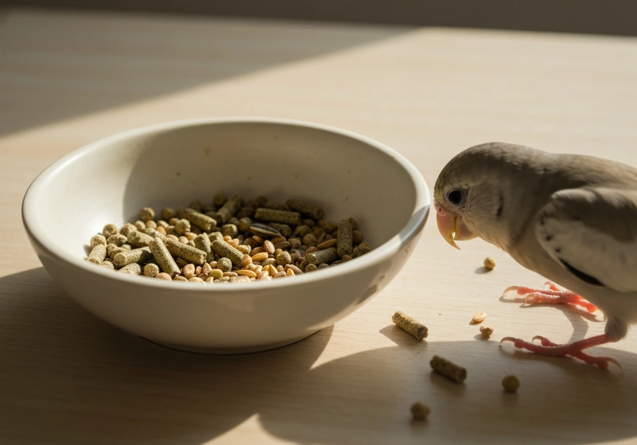 Small pet bird pecking at a partially filled bowl of pellets and seeds on a table.