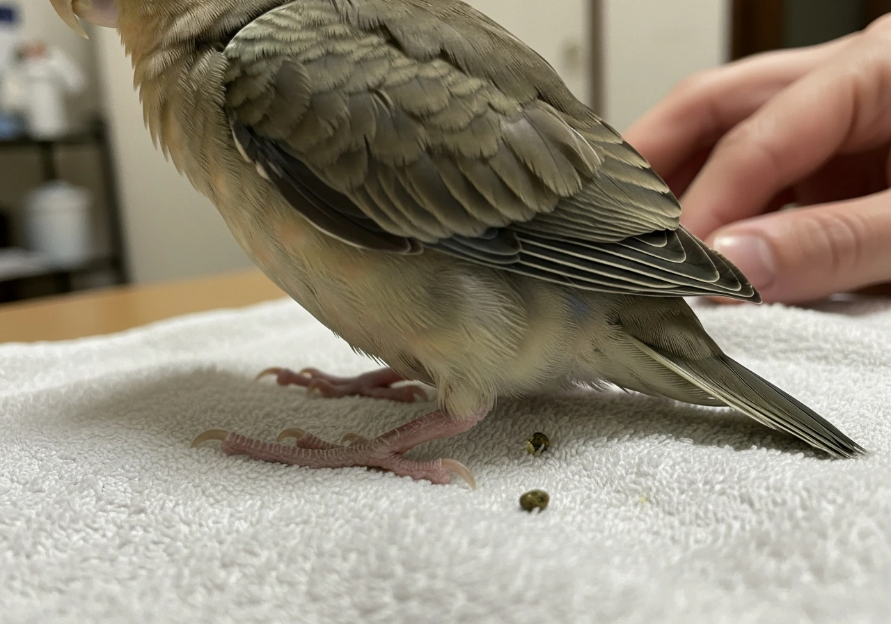 Small pet bird crouched on a towel with a slightly strained posture and minimal droppings near its vent.