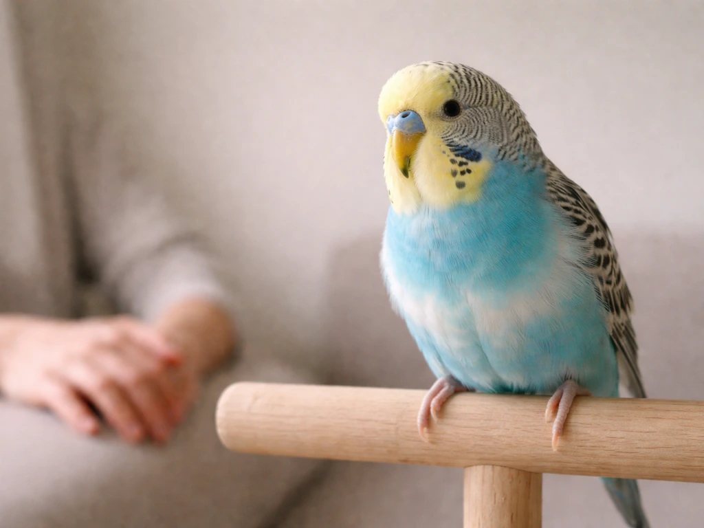 Close-up of a perched bird while an owner watches nearby without touching, calm safety-check moment.