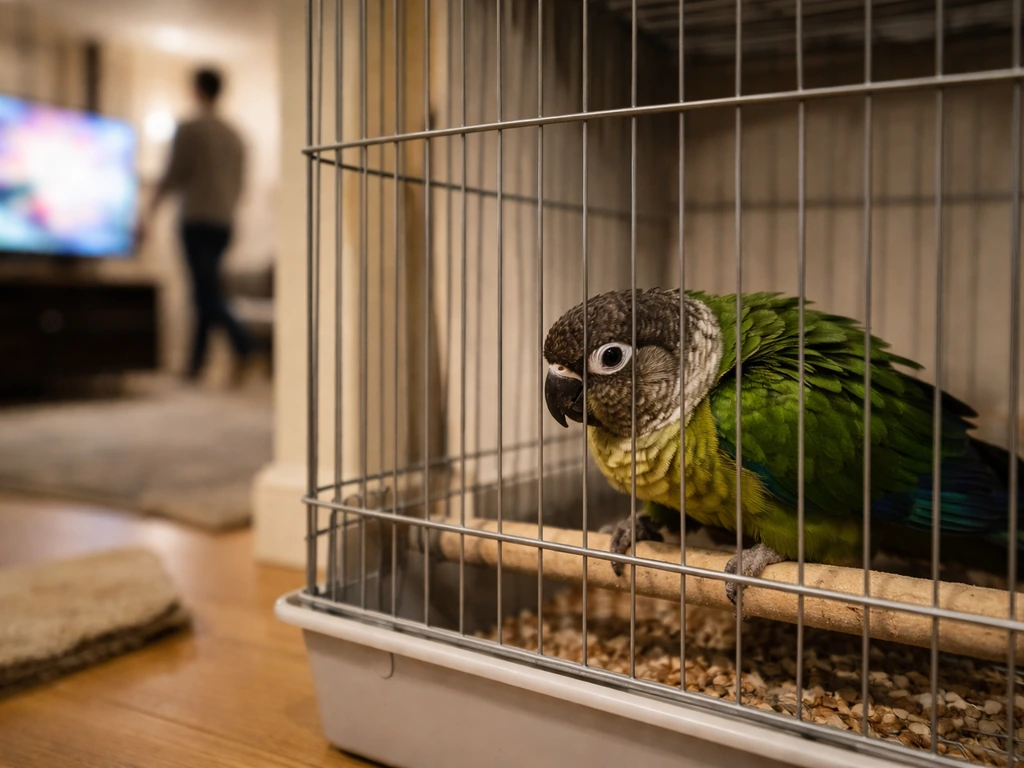 Caged parrot tense and alert while a nearby TV and moving-room activity suggest loud noise stress.