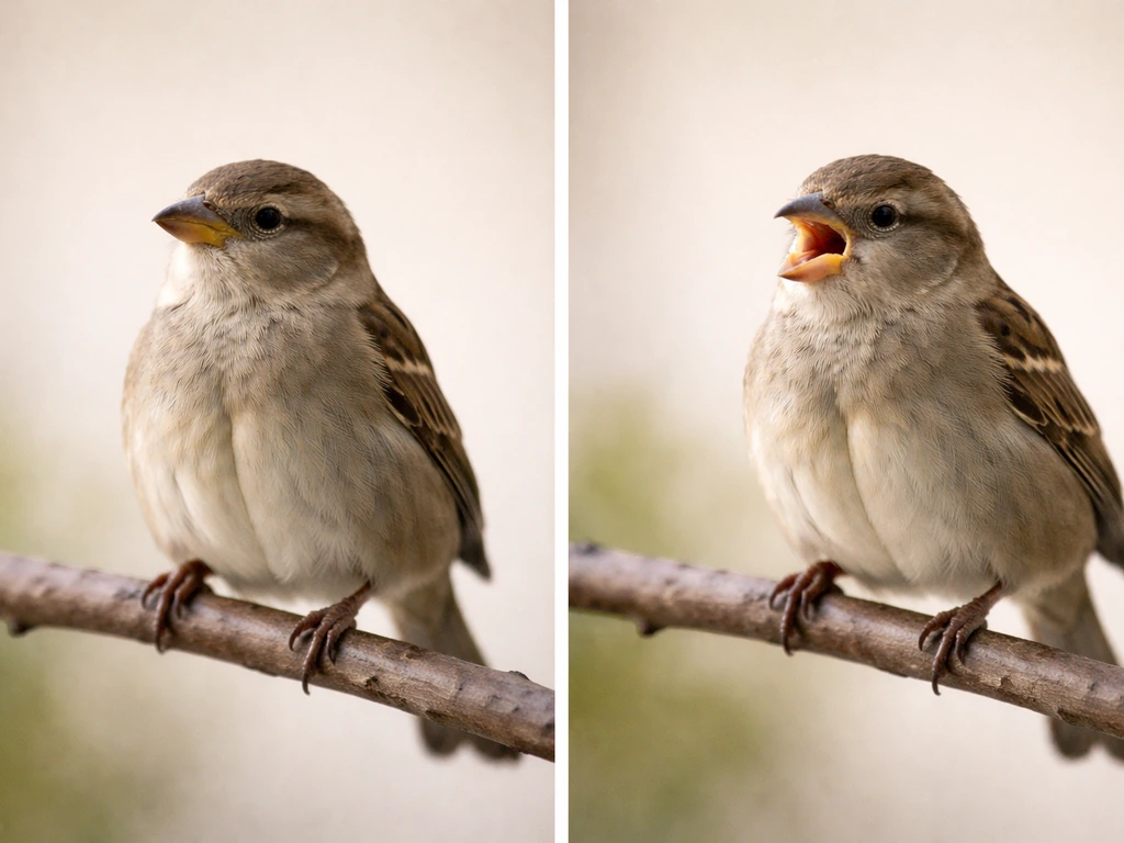Two-panel style photo: resting healthy bird quietly vs bird in respiratory distress with open-mouth breathing