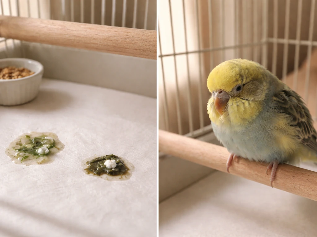 Minimal birdcage scenes showing different droppings textures and a hunched, lethargic pet bird.