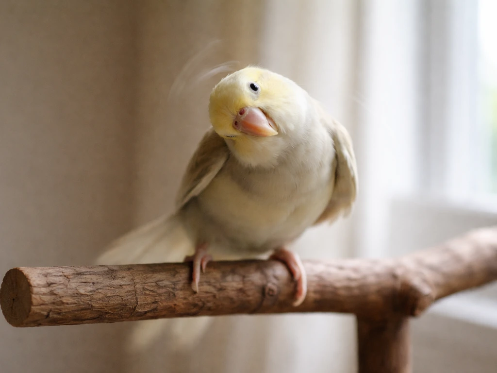 A small pet bird on a perch shows head tilt and balance loss, captured in a safe staged photo.