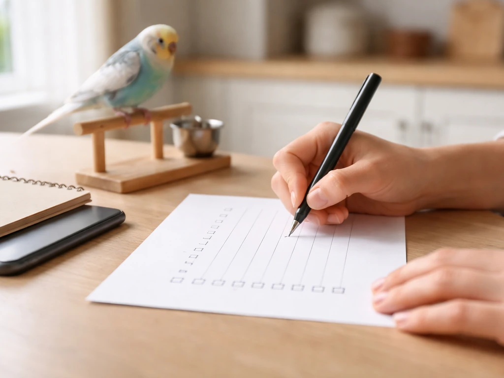 Person documenting a pet bird’s symptoms with a checklist, beside a perched bird in soft natural light.