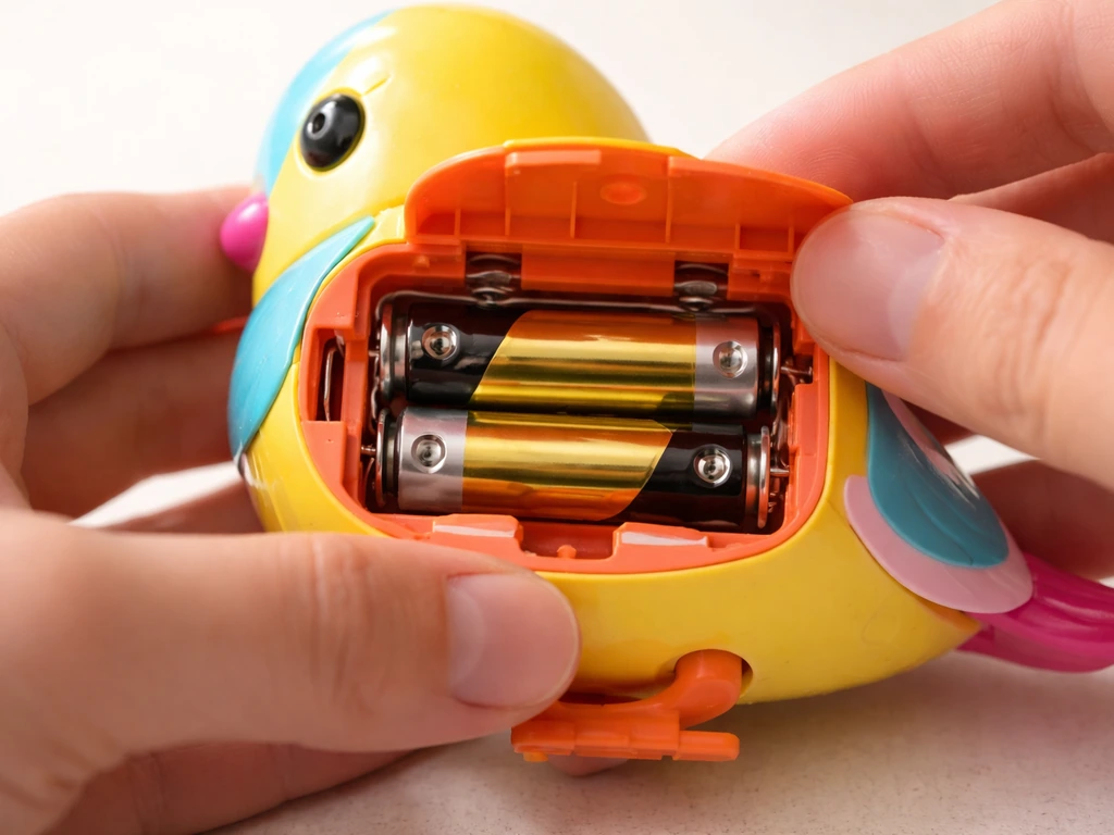 Close-up of a toy bird battery compartment with batteries correctly seated and polarity aligned.