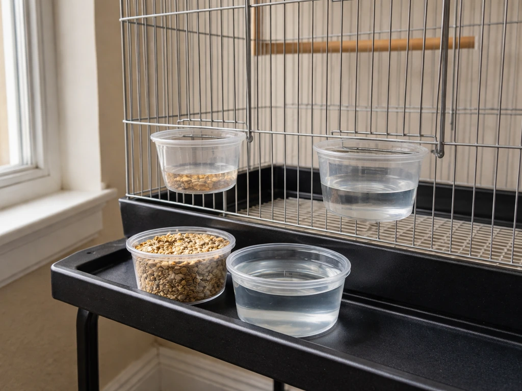 Close view of a bird cage area showing low food and water cups next to properly filled ones.
