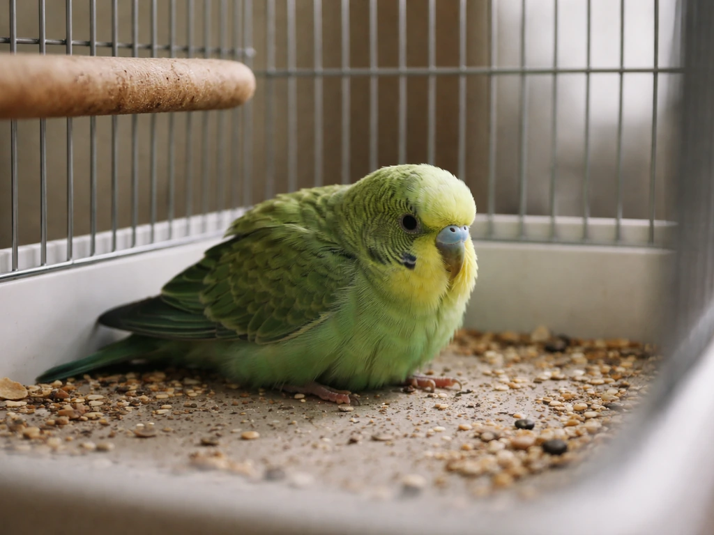 Small pet parrot perched low on the cage floor, still and tense, showing stress posture.