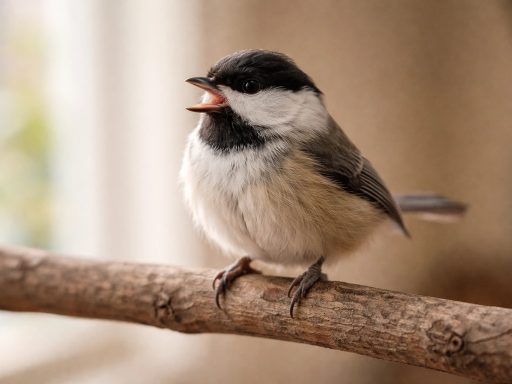 Small bird perched with beak slightly open, fluffed and showing distressed breathing posture.