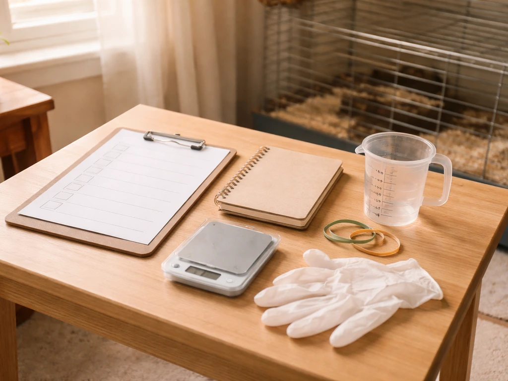 Simple home pet wellness routine setup: blank checklist, notebook, and gram scale near a cage.