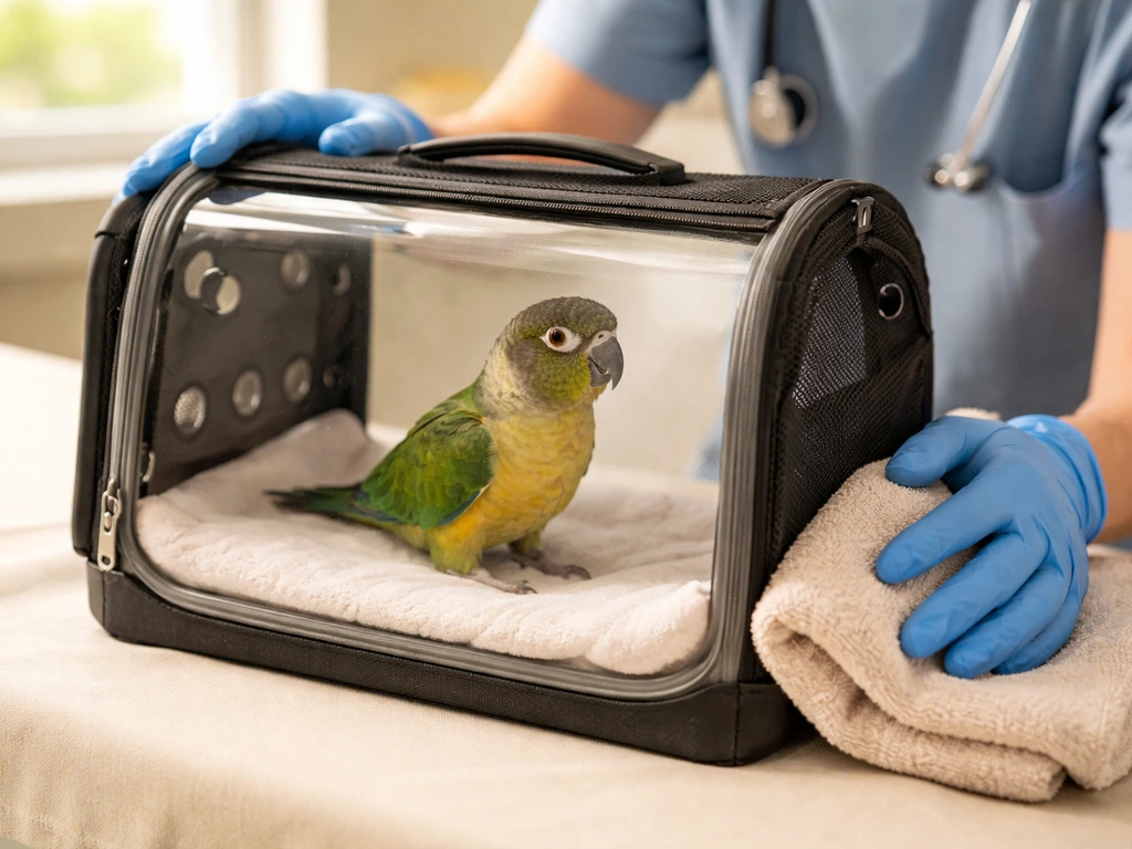 Gloved avian clinician gently steadies a small bird in a safe carrier on a vet exam table.