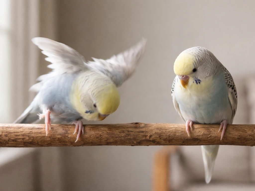 Small pet bird on a perch showing seizure-like imbalance and sudden movement versus calmer posture nearby.