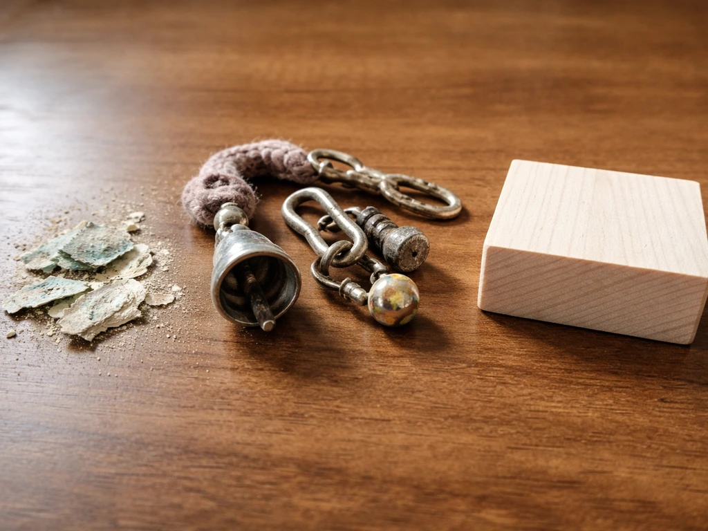 Close-up of old paint chips and worn metal parts beside a clean bird-safe item on a wooden table.