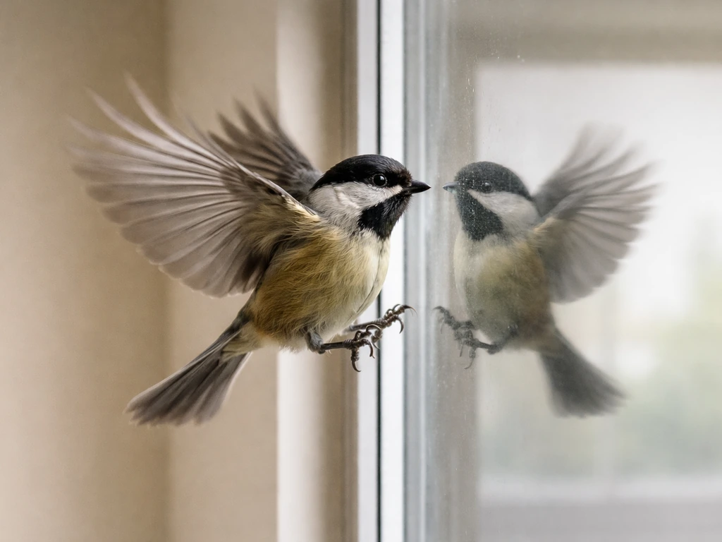 A small bird in mid-flight near a reflective window with a blurred impact-risk environment behind it.