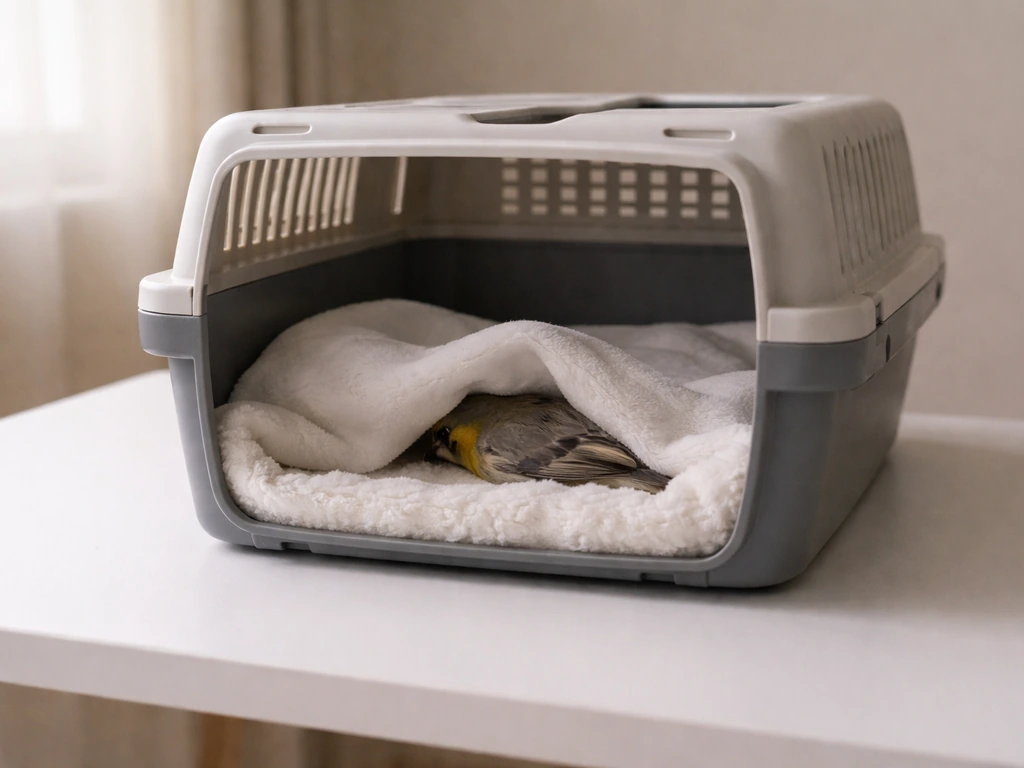 Recovering bird in a small low carrier with soft bedding in a warm, calm home setting