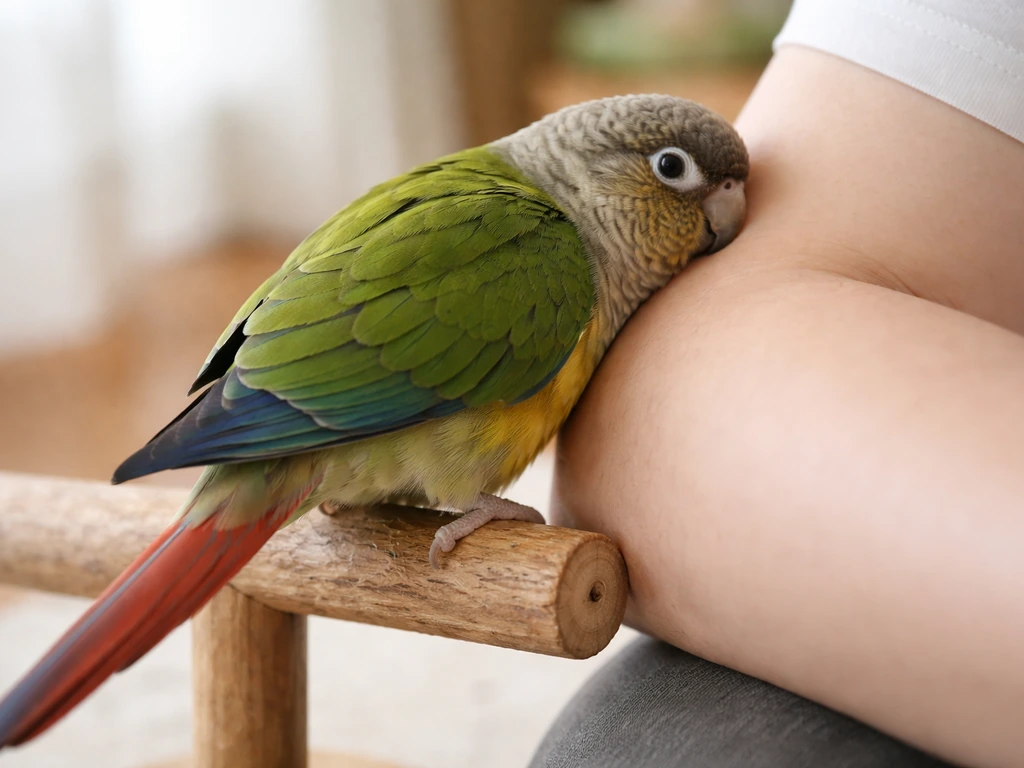 Pet parrot perched beside an owner’s arm while gently rubbing its tail area against the arm.