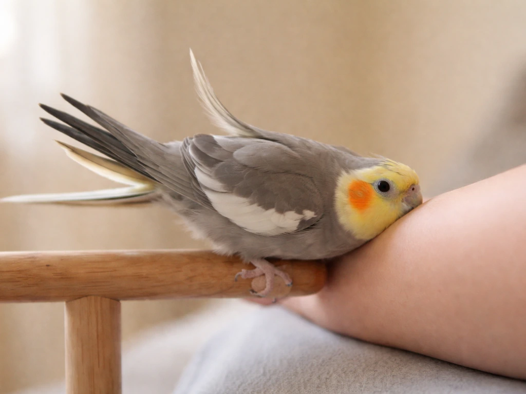 A small pet bird crouches with tail fanned while gently pressing against a person’s forearm.