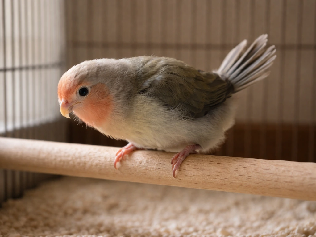 Close-up of a small pet bird in a simple indoor setup, straining near its perch as if trying to pass droppings.