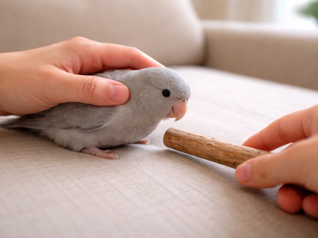 A small pet bird being gently redirected off a person’s lap toward an offered perch