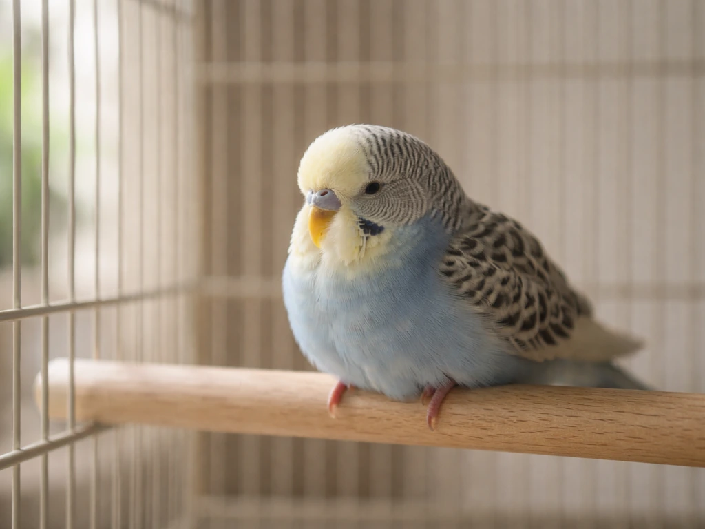 Small pet bird resting calmly on a low perch inside a simple, clean cage